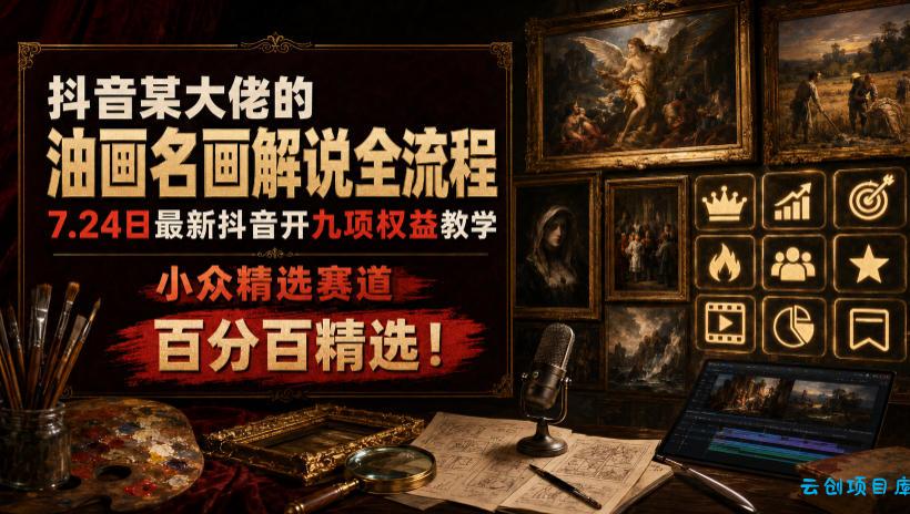 抖音某大佬的油画名画解说全流程,7.24日最新抖音开九项权益教学,小众精选赛道,百分百精选!