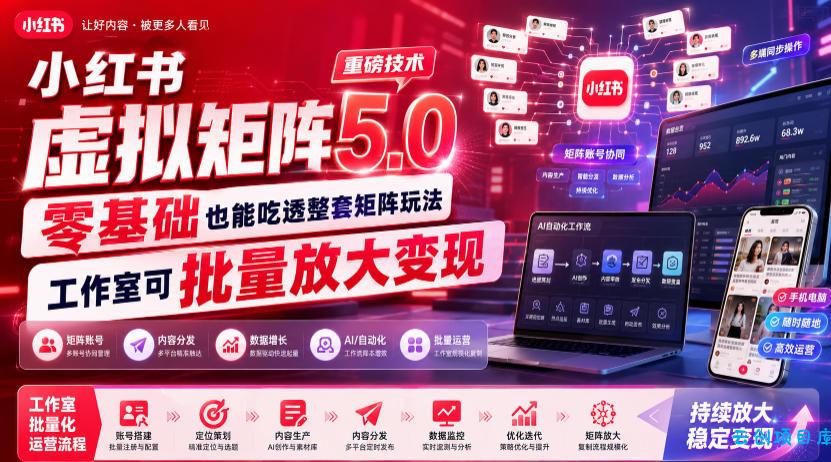 小红书虚拟矩阵5.0重磅技术，零基础也能吃透整套矩阵玩法，工作室可批量放大变现-云创项目库