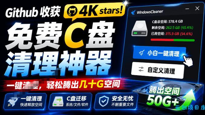 Github收获4K stars!免费C盘清理神器,轻松腾出几十G空间,支持C盘迁移Windows Cleaner