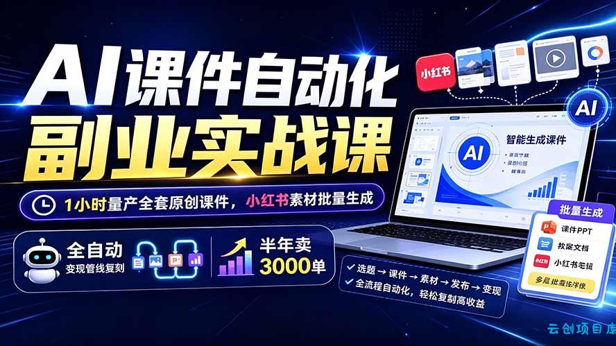 AI课件自动化副业实战课：1小时量产全套原创课件×小红书素材批量生成×全自动变现管线×半年卖3000单-云创项目库