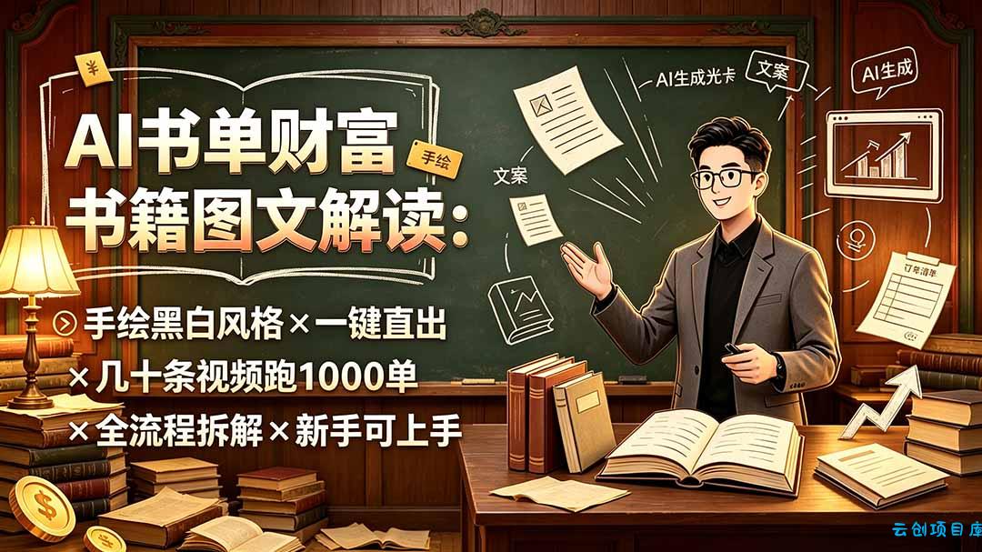 AI书单财富书籍图文解读：手绘黑白风格×一键直出×几十条视频跑1000单×全流程拆解×新手可上手-云创项目库