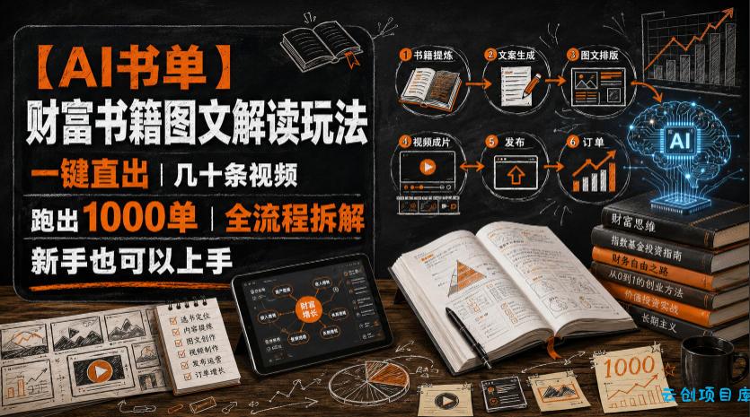【AI书单】财富书籍图文解读玩法，一键直出，几十条视频，跑出1000单，全流程拆解，新手也可以上手-云创项目库