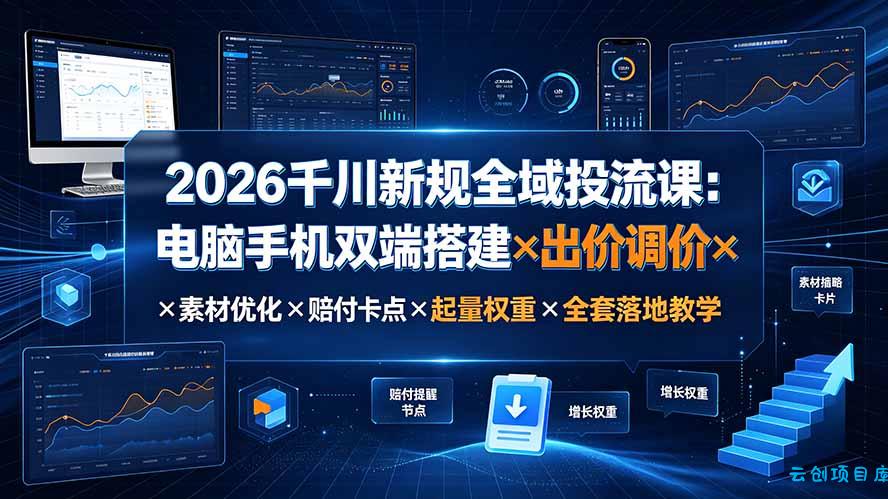 2026千川新规全域投流课：电脑手机双端搭建×出价调价×素材优化×赔付卡点×起量权重×全套落地教学-云创项目库