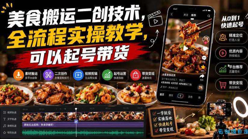 美食搬运二创技术,全流程实操教学,可以起号带货-云创项目库