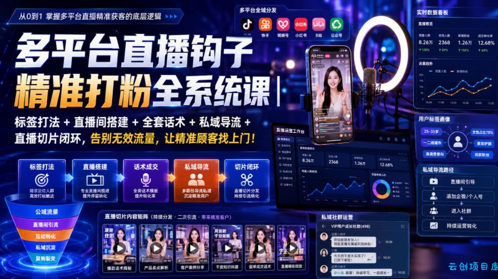 多平台直播钩子精准打粉全系统课｜标签打法+直播间搭建+全套话术+私域导流+直播切片闭环，告别无效流量，让精准顾客找上门！-云创项目库