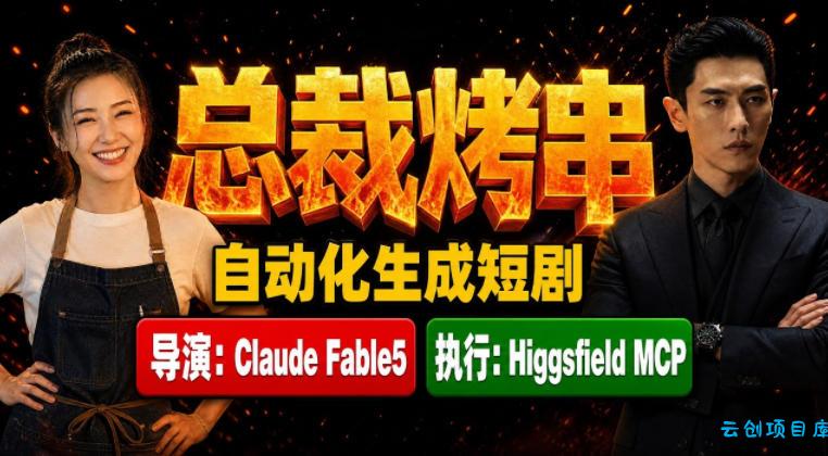 Claude Fable5担任导演+Higgsfield MCP落地执行｜《总裁烤串》真人质感短剧全自动AI生成全流程教学-云创项目库