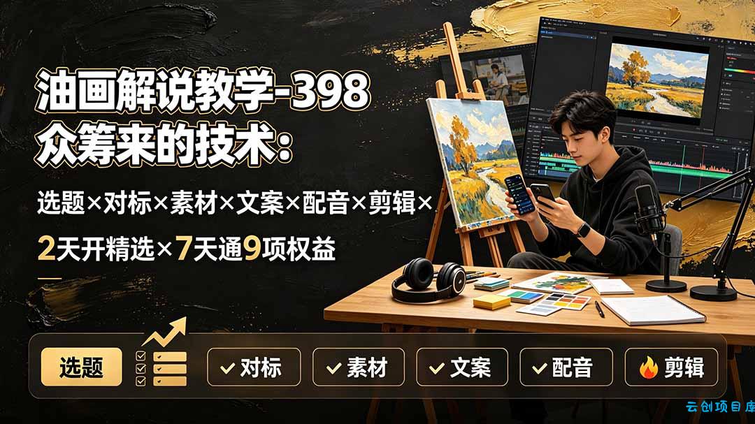 油画解说教学-398众筹来的技术：选题×对标×素材×文案×配音×剪辑×2天开精选×7天通9项权益-云创项目库