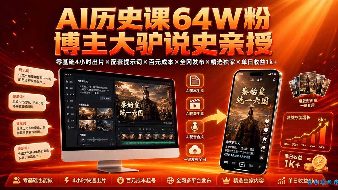 AI历史课64W粉博主大驴说史亲授：零基础4小时出片×配套提示词×百元成本×全网发布×精选独家×单日收益1k+-云创项目库