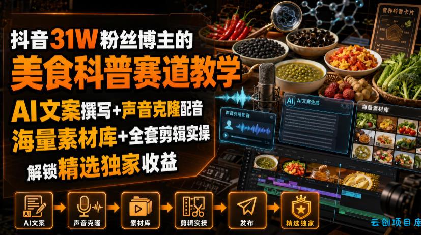 抖音31W粉丝博主的美食科普赛道教学，AI文案撰写+声音克隆配音+剪辑实操，解锁精选独家收益-云创项目库
