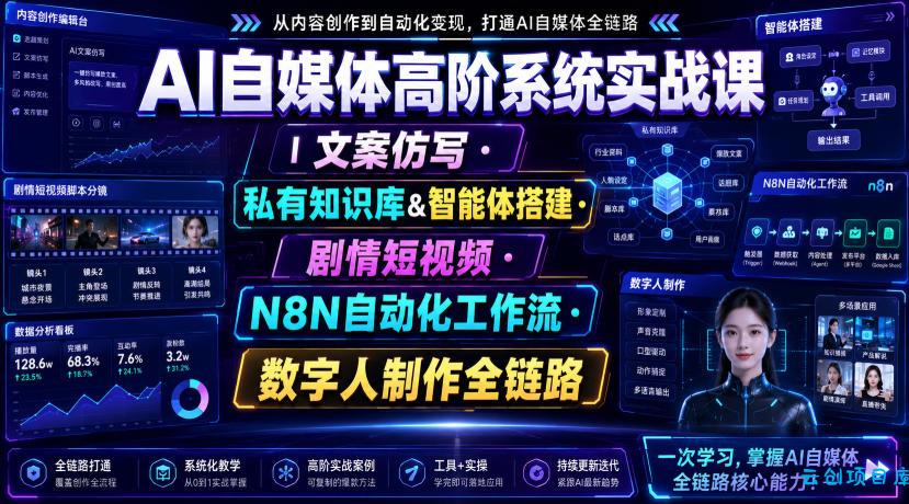 AI自媒体高阶系统实战课｜文案仿写・私有知识库&智能体搭建・剧情短视频・N8N自动化工作流・数字人制作全链路-云创项目库