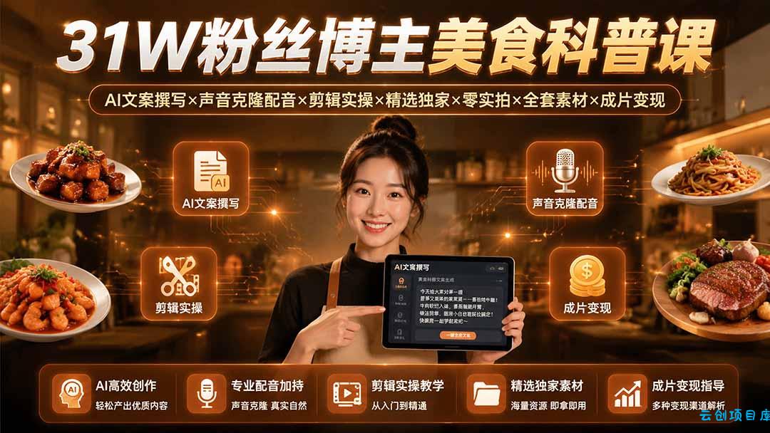 31W粉丝博主美食科普课：AI文案撰写×声音克隆配音×剪辑实操×精选独家×零实拍×全套素材×成片变现-云创项目库