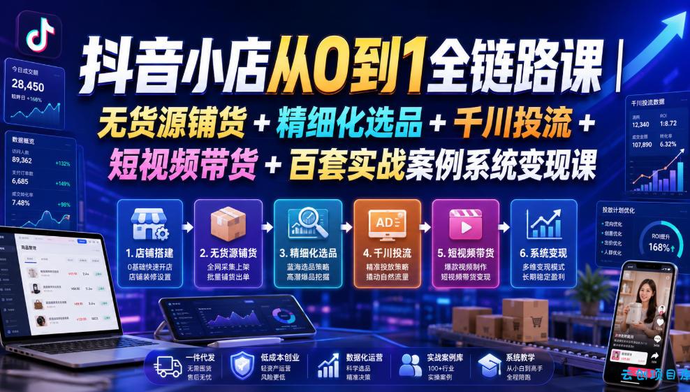抖音小店从0到1全链路课|无货源铺货+精细化选品+千川投流+短视频带货+百套实战案例系统变现课(2026年7月更新)-云创项目库