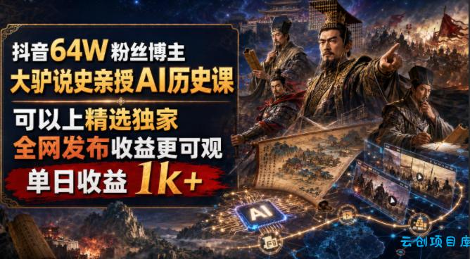 抖音64W粉丝博主大驴说史亲授AI历史课，可以上精选独家，全网发布收益更可观，单日收益1k+-云创项目库