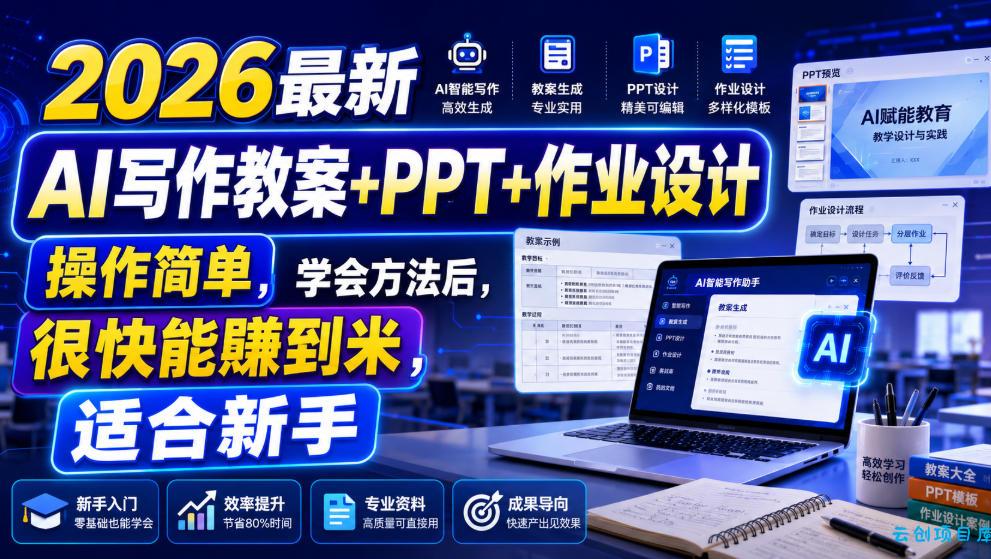 2026最新AI写作教案+PPT+作业设计，操作简单，学会方法后，很快能賺到米，适合新手-云创项目库