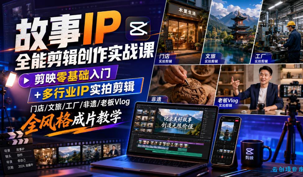 故事IP全能剪辑创作实战课｜剪映零基础入门+多行业IP实拍剪辑，门店/文旅/工厂/非遗/老板Vlog全风格成片教学-云创项目库