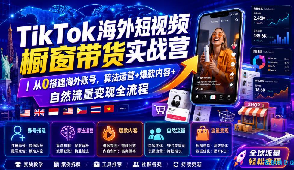 TikTok海外短视频橱窗带货实战营｜从0搭建海外账号，算法运营+爆款内容+自然流量变现全流程-云创项目库