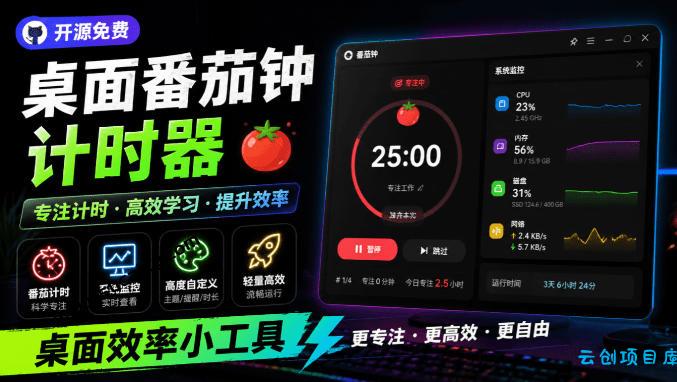 仅1.16MB，开源极简的桌面时钟、番茄钟计时器，还支持系统监控显示，桌面效率小工具Catime-云创项目库