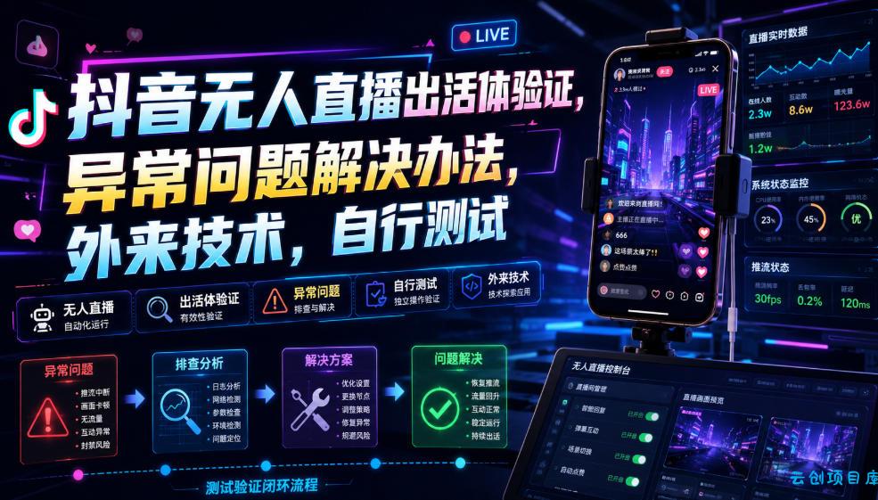 抖音无人直播出活体验证，异常问题解决办法，外来技术，自行测试-云创项目库