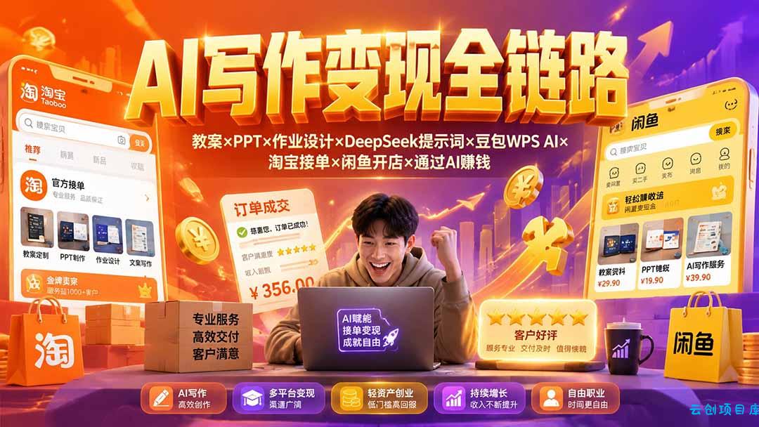 2026AI写作变现全链路：教案×PPT×作业设计×DeepSeek提示词×豆包WPS AI×淘宝接单×闲鱼开店×通过AI賺钱-云创项目库