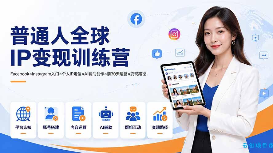 普通人全球IP变现训练营：Facebook×Instagram入门×个人IP定位×AI辅助创作×前30天运营×变现路径-云创项目库