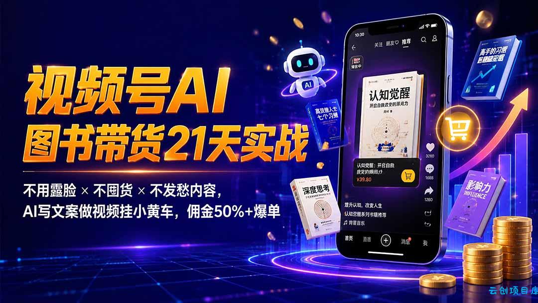 繁花视频号AI图书带货21天实战：不用露脸×不囤货×不发愁内容，AI写文案做视频挂小黄车，佣金50%+爆单-云创项目库