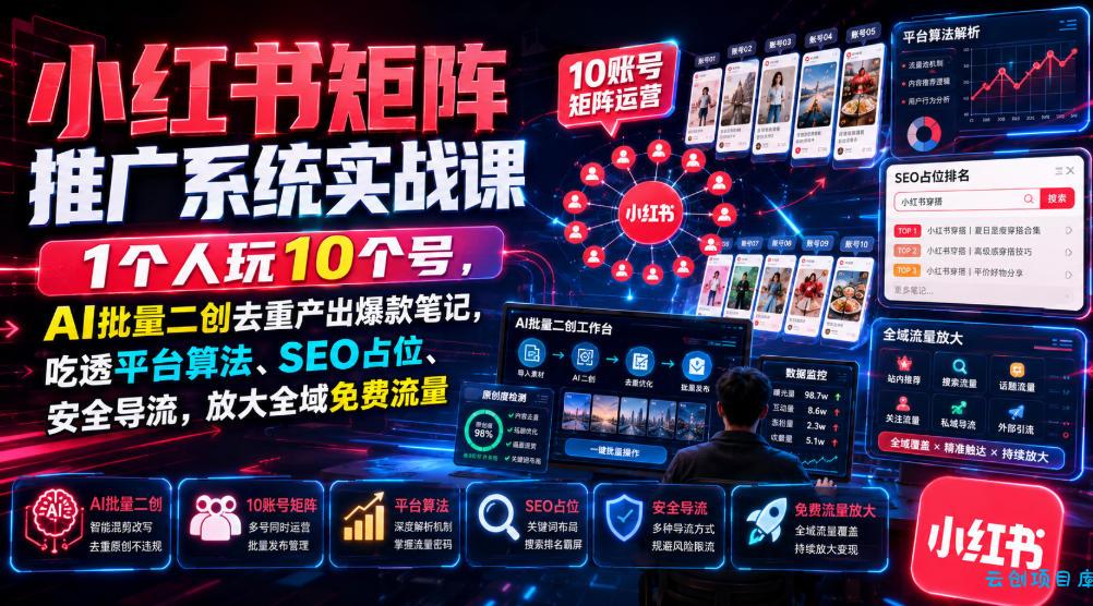小红书矩阵推广系统实战课｜1个人玩10个号，AI批量二创去重产出爆款笔记，吃透平台算法、SEO占位、安全导流，放大全域免费流量-云创项目库