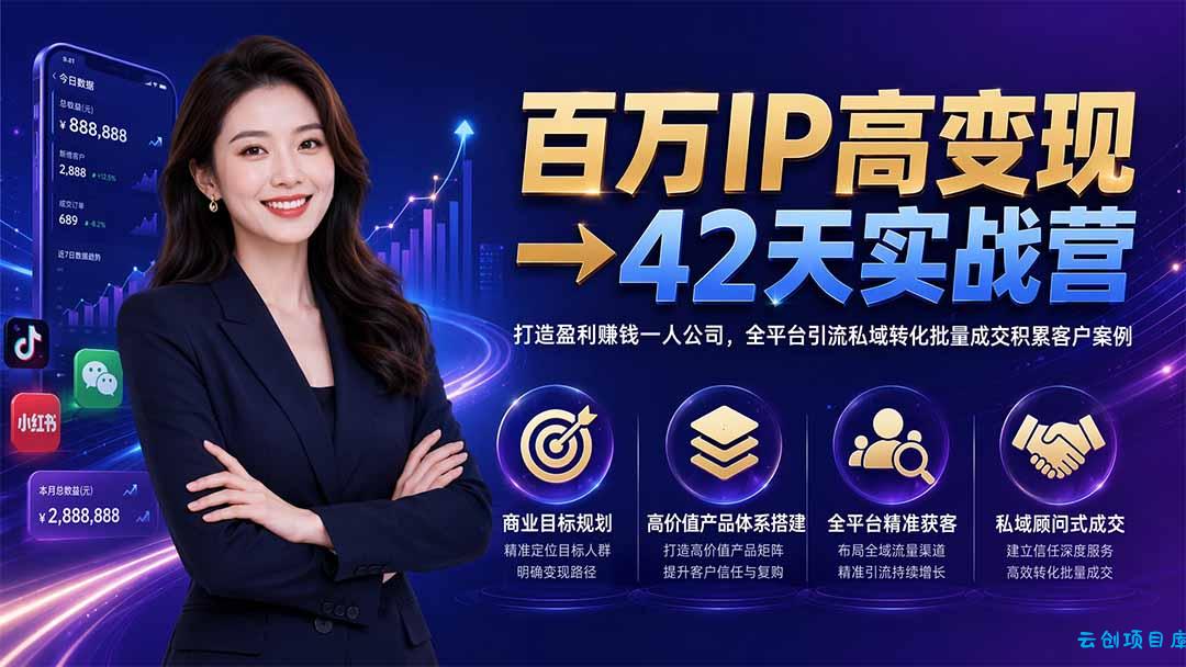 百万IP高变现→42天实战营｜打造盈利赚钱一人公司，全平台引流私域转化批量成交积累客户案例-云创项目库