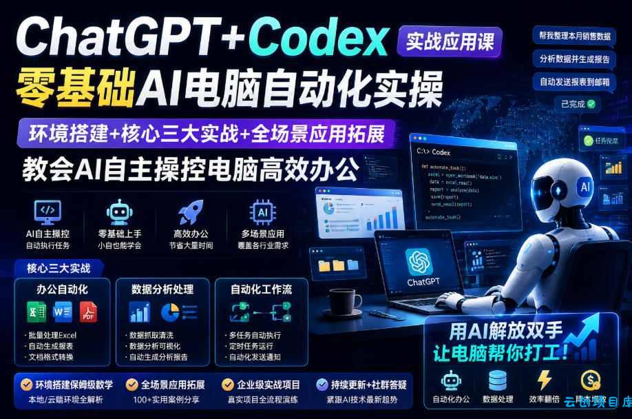 ChatGPT+Codex实战应用课|零基础AI电脑自动化实操,环境搭建+核心三大实战+全场景应用拓展,教会AI自主操控电脑高效办公