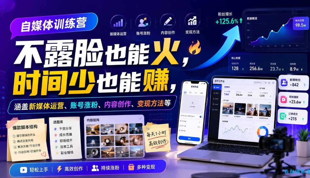 自媒体训练营，不露脸也能火，时间少也能賺，涵盖新媒体运营、账号涨粉、内容创作、变现方法等-云创项目库