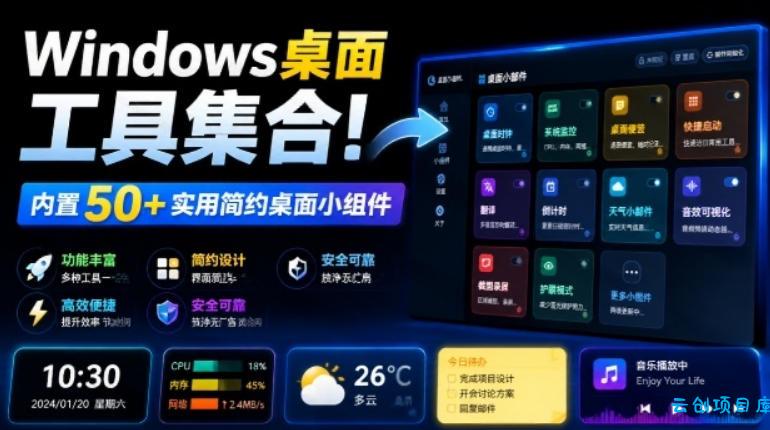Windows桌面工具集合！内置50+实用简约桌面小组件，含截图、录屏、翻译、天气等，多秘工具箱-云创项目库