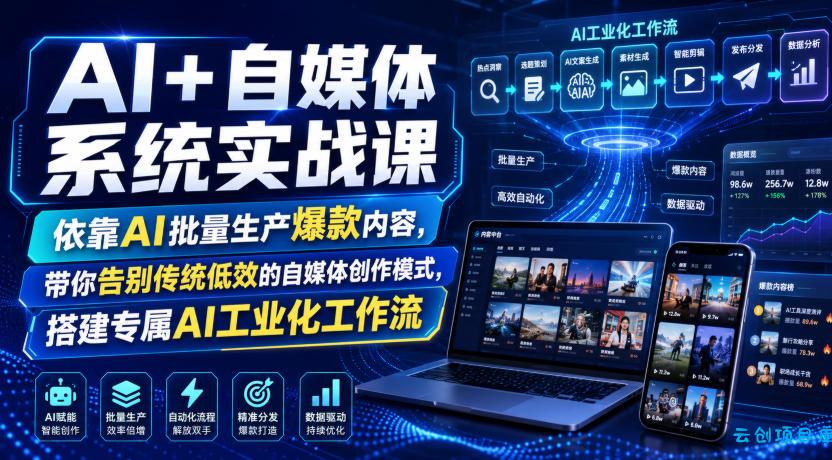 AI+自媒体系统实战课，依靠AI批量生产爆款内容，带你告别传统低效的自媒体创作模式，搭建专属AI工业化工作流-云创项目库