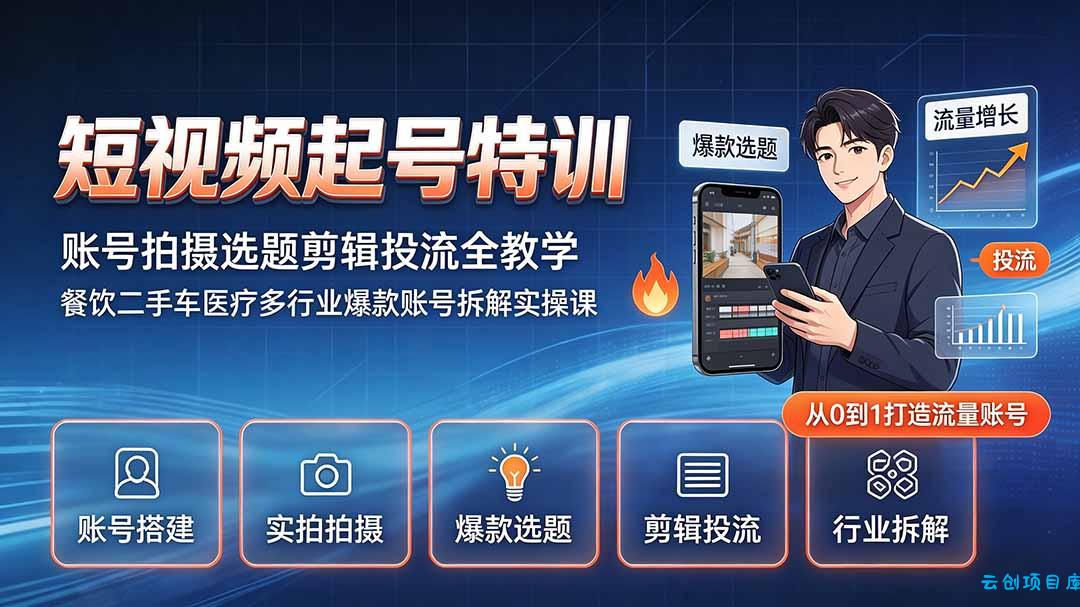 短视频起号特训|账号拍摄选题剪辑投流全教学,餐饮二手车医疗多行业爆款账号拆解实操课-云创项目库
