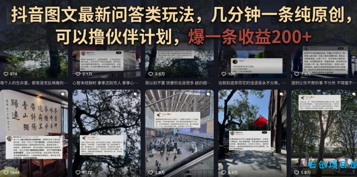 抖音图文最新问答类玩法,几分钟一条纯原创,可以撸伙伴计划,爆一条收益200+-云创项目库