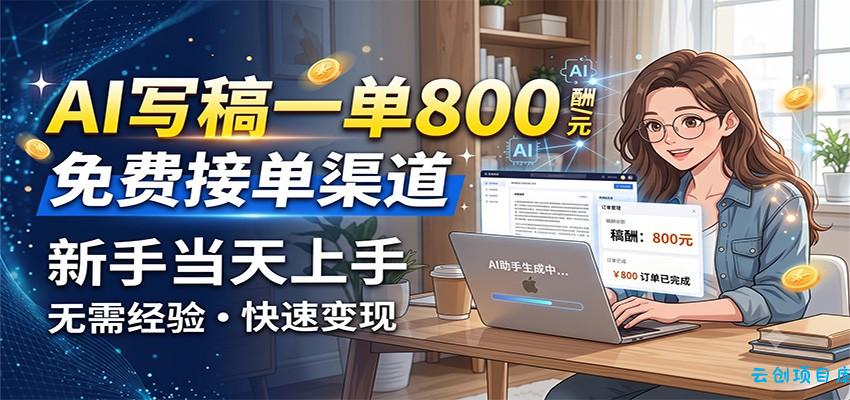 AI写稿一单800，免费接单渠道，一单一结几十到上千，新手当天上手-云创项目库