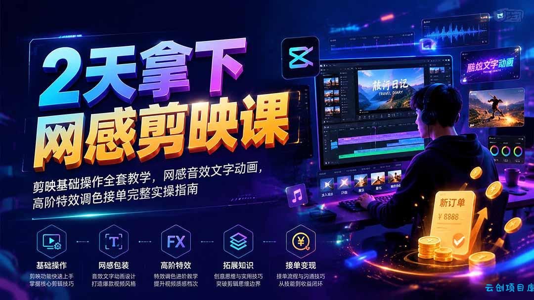 2天拿下网感剪辑课|剪映基础操作全套教学,网感音效文字动画,高阶特效调色接单完整实操指南-云创项目库