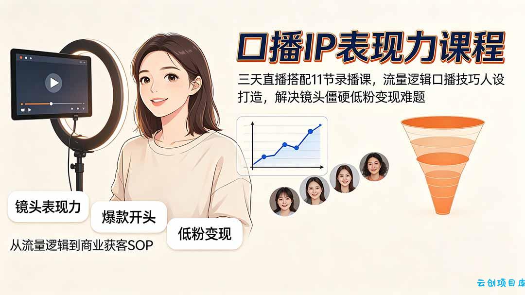 口播IP表现力课程｜三天直播搭配11节录播课，流量逻辑口播技巧人设打造，解决镜头僵硬低粉变现难题-云创项目库