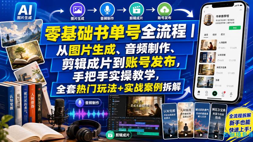零基础书单号全流程|从图片生成、音频制作、剪辑成片到账号发布,手把手实操教学,全套热门玩法+实战案例拆解-云创项目库