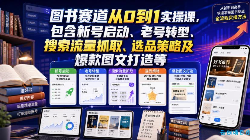图书赛道从0到1实操课,包含新号启动、老号转型、搜索流量抓取、选品策略及爆款图文打造等
