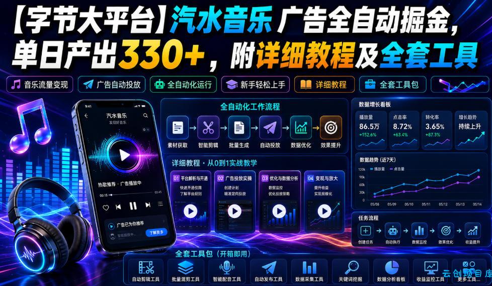 【字节大平台】汽水音乐广告全自动掘金，单日产出330+，附详细教程及全套工具【揭秘】-云创项目库