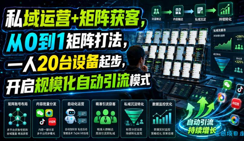 私域运营+矩阵获客,从0到1矩阵打法,一人20台设备起步,开启规模化自动引流模式!-云创项目库