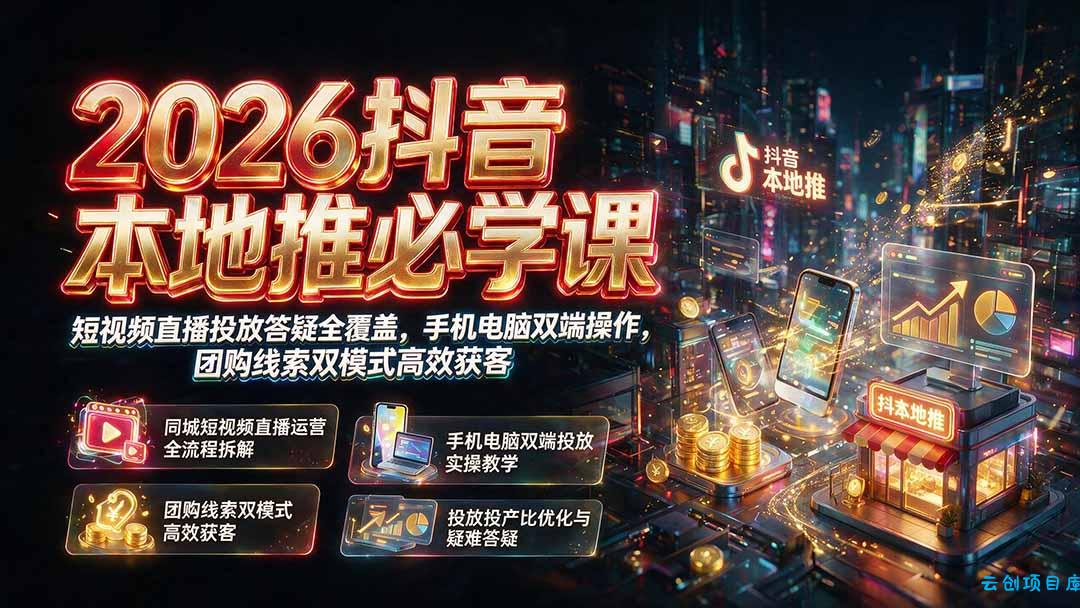 2026抖音本地推必学课｜短视频直播投放答疑全覆盖，手机电脑双端操作，团购线索双模式高效获客-云创项目库