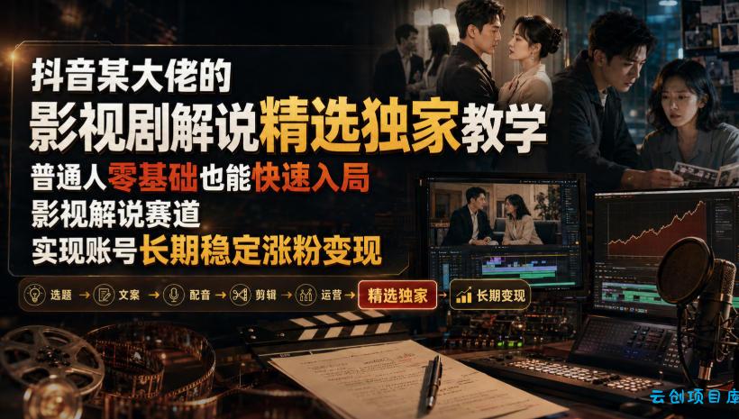 抖音某大佬的影视剧解说精选独家教学,普通人零基础也能快速入局影视解说赛道,实现账号长期稳定变现-云创项目库