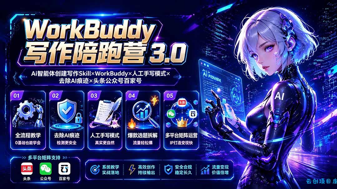 WorkBuddy写作陪跑营3.0-更新：Ai智能体创建写作Skill×WorkBuddy×人工手写模式×去除AI痕迹×头条公众号百家号-云创项目库