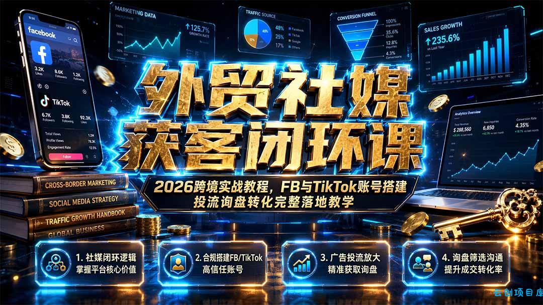 外贸社媒获客闭环课｜2026跨境实战教程，FB与TikTok账号搭建投流询盘转化完整落地教学-云创项目库