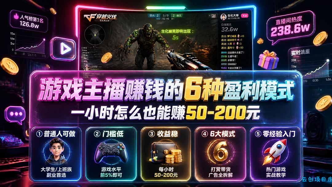 付费文章：游戏主播赚钱的6种盈利模式，一小时怎么也能赚50-200元-云创项目库
