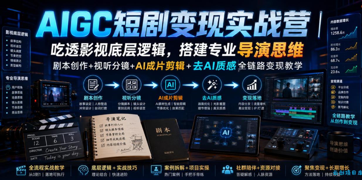 AIGC短剧变现实战营|吃透影视底层逻辑,搭建专业导演思维,剧本创作+视听分镜+AI成片剪辑+去AI质感全链路变现教学-云创项目库