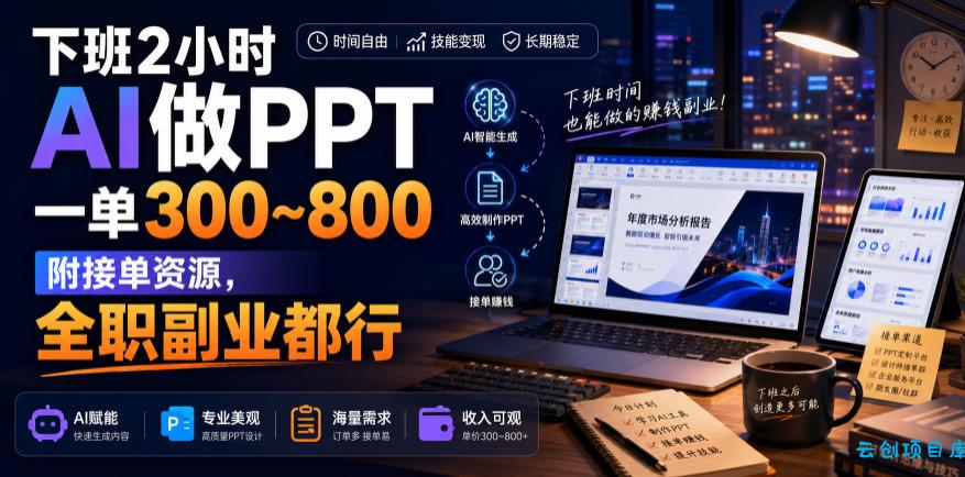 下班2小时AI做PPT,一单300~800,附接单资源,全职副业都行【揭秘】-云创项目库