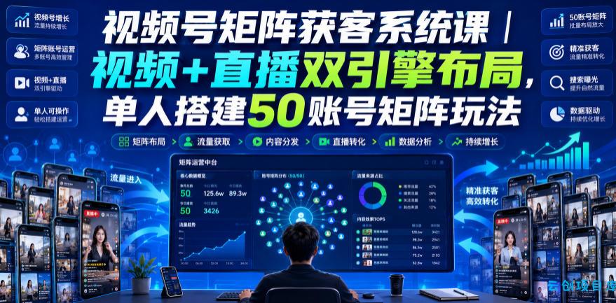 视频号矩阵获客系统课｜视频+直播双引擎布局，单人搭建50账号矩阵玩法，流量入池、搜索占位、全域引流沉淀私域全流程教学-云创项目库