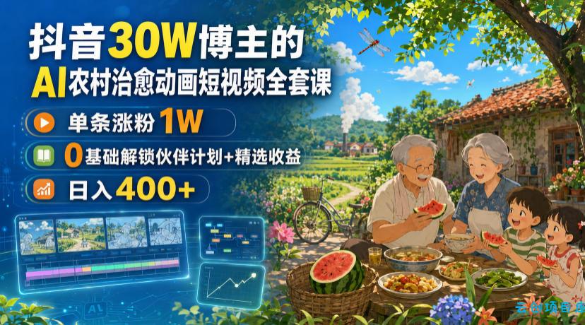 抖音30W博主的AI农村治愈动画短视频全套课|单条涨粉1W,0基础解锁伙伴计划+精选收益,日入400+-云创项目库