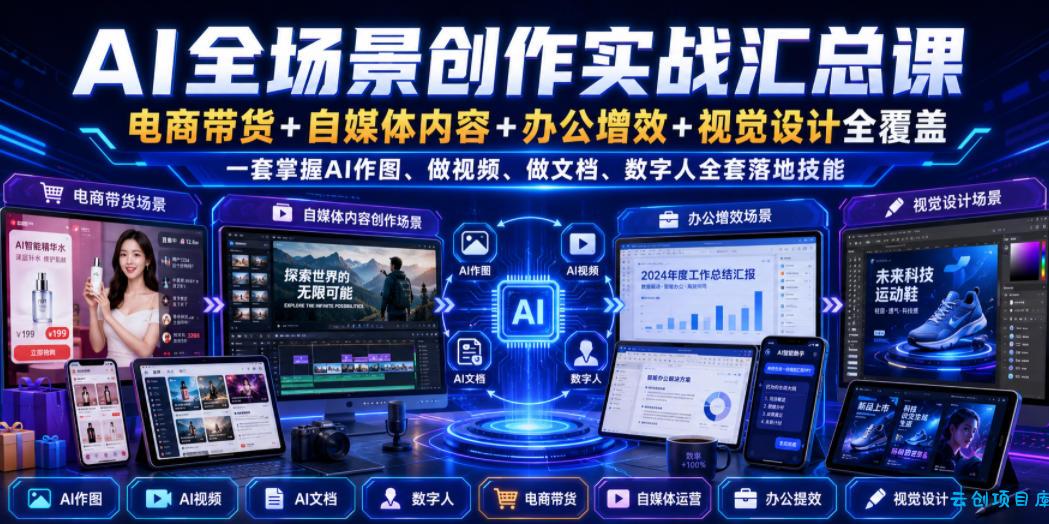 AI全场景创作实战汇总课|电商带货+自媒体内容+办公增效+视觉设计全覆盖,一套掌握AI作图、做视频、做文档、数字人全套落地技能-云创项目库